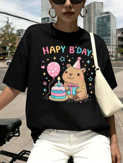 Camiseta de cumplea?os con estampado de osito adorable, de algodón premium, informal, cómoda, duradera y con un dise?o gráfico único.