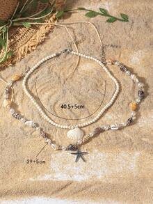 Ensemble de 2 colliers en perles de coquillage et de coquillage de mer pour plage d'été, collier pendentif étoile de mer en alliage de zinc pour femmes, convient pour les vacances et les voyages - collier de coquille d'étoile de mer - Voir 2
