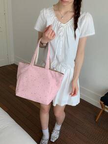 1 pieza Bolso de hombro reversible con estampado floral y estrella, de estilo casual y ligero. Correa cómoda, gran capacidad, plegable. Adecuado para escuela, viajes, compras, citas, regalo. Apto para mujeres, adolescentes, estudiantes universitarias, oficina, universidad, trabajo, transporte, exterior, viajes. - Rosa - Ver 5