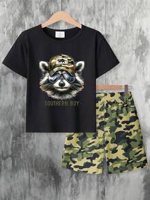 男童字母标语浣熊印花短袖T恤和迷彩短裤套装（2件套），夏季服装 - 彩色 - 查看 3