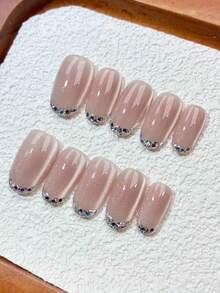 Get The Ultimate Luxury Salon Manicure Experience At Home! 10Pcs Handmade Press On Nails Set, Short Length Short Oval Fake Nails, Elegant Minimalist French Style False Nails With Silver Rhinestone & Glitter Pattern, Classic French Tip Design - Multicolor - View 4
