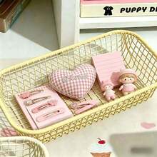 INS Style Iron Mini Storage Basket, Rectangular Organizer Box, Macaron Color Hollow Line Basket For Desktop, Dorm, Stationery, Cosmetics, Snacks, Multi-Functional Kitchen & Bathroom Storage Basket - Peach Pink + Creamy Yellow - View 11