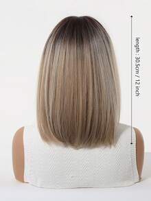 12英寸棕色渐变直发波浪假发，带蓬松刘海，女士合成耐热假发，适合日常、办公室、化妆、万圣节、圣诞节、感恩节、婚礼、派对、约会、生日、度假等场合，高品质合成纤维，自然刘海，波波头假发 - 挑染棕色 - 查看 8