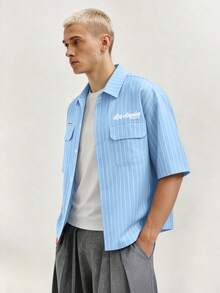 Men's Letter Striped Short Sleeve Single-Breasted Casual Pocket Shirt - Baby Blue - View 3