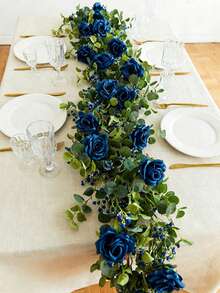 180cm Artificial Blue Rose & Eucalyptus Wreath, Realistic Floral Decor Suitable For Wedding Arch, Party Backdrop, Home Tabletop - Blue - View 1