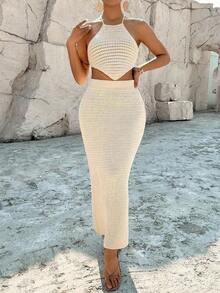 Summer Vacation Textured Knit Halter Top And Knitted Mini Skirt 2 Pieces Set, Commuting And Beach Outfit - Mint Green 2 - View 7