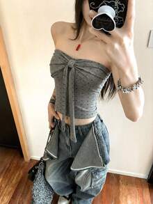 韩版吊带背心，女士新款夏季外套，甜美性感，带胸垫，修身打底衫，休闲波点图案 - 灰色 - 查看 3