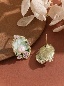 1 Pair Luxury Oval Teardrop Pearl Flower Earrings For Women, Unique High-End Design - 綠色 - 查看 5
