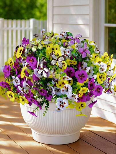 MEHELANY 6 Bunches Artificial Outdoor Lifelike Flowers, Silk Butterfly Decorated Tricolor Violet, Suitable For Planters, Home Living Room, Garden, Wedding, Indoor Outdoor Decor, Window Sill, Grave Decor, Spring & Summer Patio Entrance Decoration