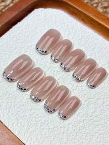 Get The Ultimate Luxury Salon Manicure Experience At Home! 10Pcs Handmade Press On Nails Set, Short Length Short Oval Fake Nails, Elegant Minimalist French Style False Nails With Silver Rhinestone & Glitter Pattern, Classic French Tip Design - Multicolor - View 2