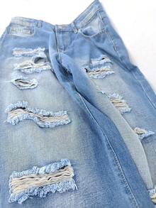 LIYS Retro Blue Distressed Loose Straight Leg Jeans, High Street Ripped Casual Wide Leg Pants - Blue - View 6