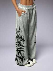 1 pieza Pantalones anchos de cintura alta elástica con volantes en el bajo, de moda casual para mujer de talla grande, con estampado de otoño/invierno y primavera con bolsillos - Gris - Ver 4