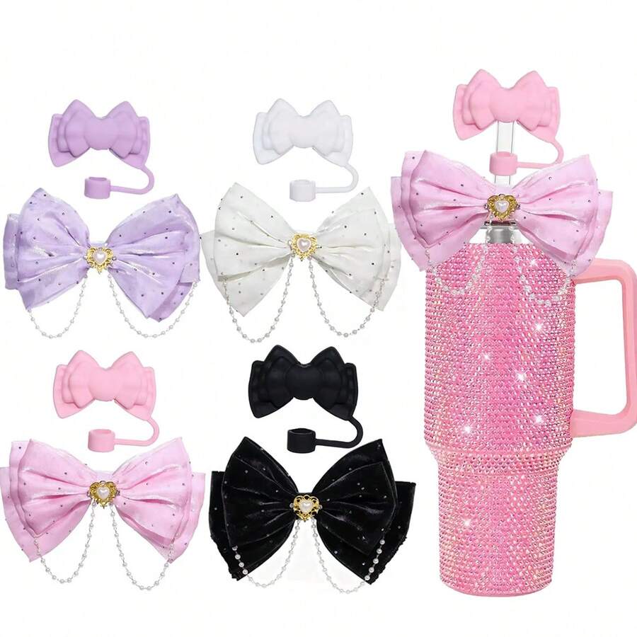1 Bowknot Straw Lid And 1 Bowknot Decor, Suitable For 30oz And 40oz Cups, 10mm Silicone Straw Lid, Great For Work, School, Outdoor Activities, Party Favors, Thanksgiving And New Year Gifts - Bow 2 - View 1