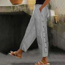 Women's Casual Long Trousers, Striped And Button Print, Patchwork Style, For Autumn - Light Green - View 4