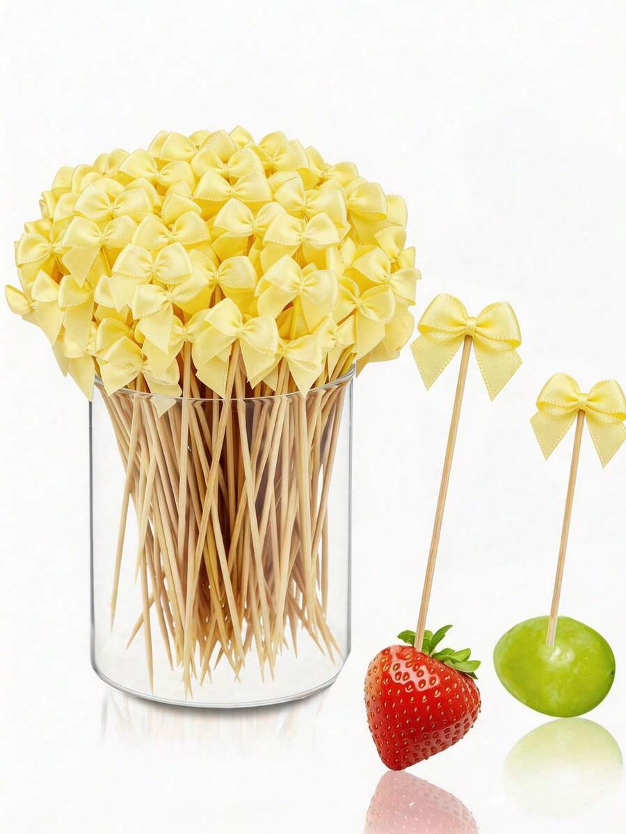 50个黄色蝴蝶结竹签,优雅的蝴蝶结竹签,适用于开胃菜、饮料、生日派对、单身派对、新娘送礼会和蝴蝶结主题派对装饰。 - 多色 - 查看 1