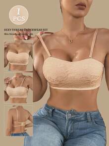 1PC French Lace Non-Strap Balconette Sexy Bras, Fixed Cup Pad, Adjustable Shoulder Straps, Uplifting And Firming, Must-Have Bras For Daily Use, One-Shoulder Invisible Bras - Apricot - View 1