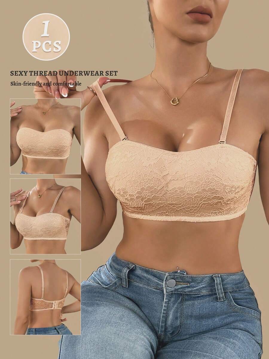 1PC French Lace Non-Strap Balconette Sexy Bras, Fixed Cup Pad, Adjustable Shoulder Straps, Uplifting And Firming, Must-Have Bras For Daily Use, One-Shoulder Invisible Bras - Apricot - View 1