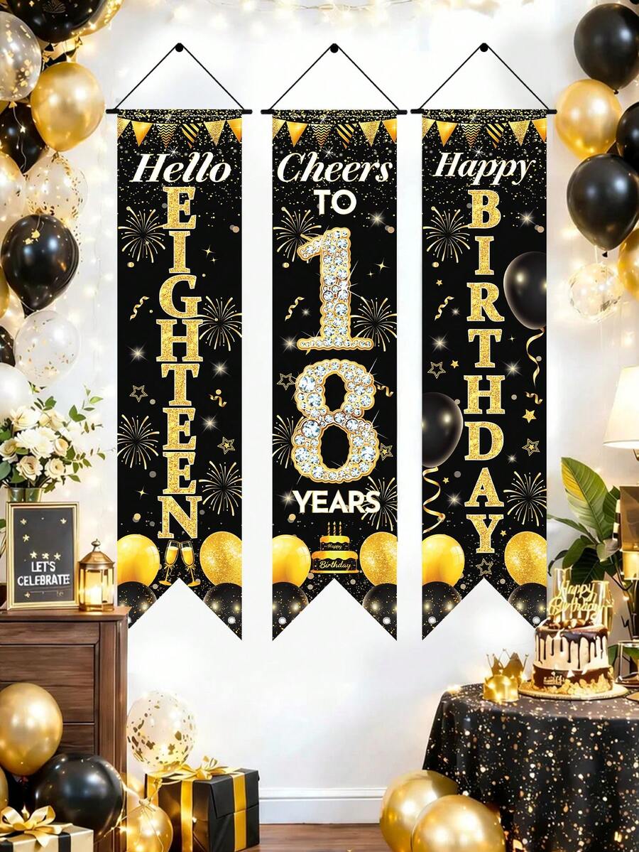 3件套18岁黑金生日门牌，闪亮18岁生日快乐门柱对联，125*30厘米涤纶悬挂横幅，18岁生日派对装饰，生日悬挂旗帜，生日庆祝用品，生日派对背景装饰，生日家居装饰，庭院装饰 - 黑金18歲 - 查看 1