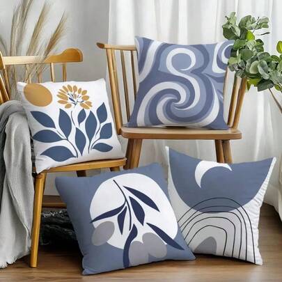 2D Flat 4pcs Bohemian Abstract Leaf Geometric Pattern Pillow Covers, Modern Farmhouse Minimalist Throw Pillowcases, Soft Polyester Peach Skin Fabric, Multiple Sizes, Single-Sided Print, No Insert, Perfect For Room Dec Excluding Pillow Core