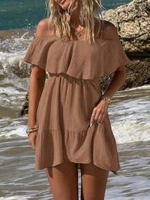 Elegante vestido corto sin mangas con volantes en el bajo, adecuado para usar en verano - Albaricoque - Ver 1
