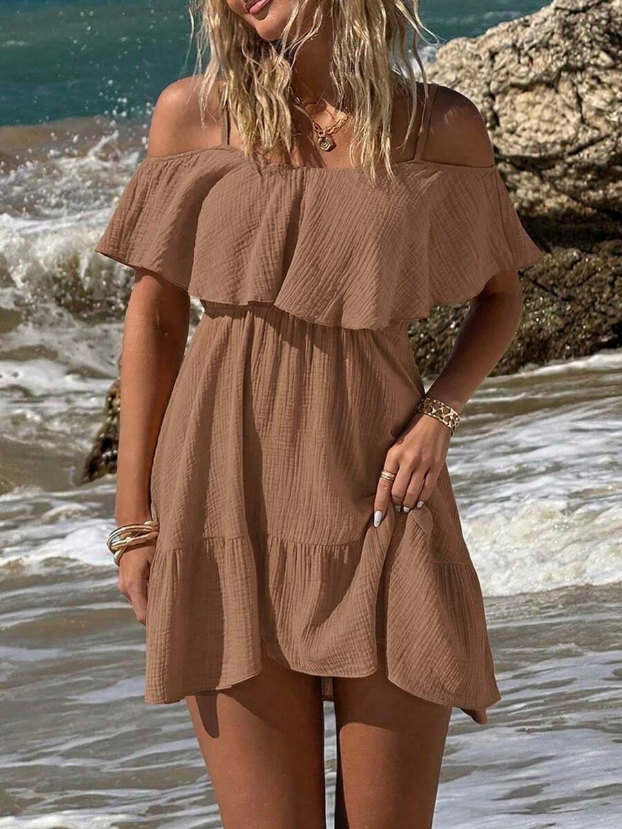 Elegante vestido corto sin mangas con volantes en el bajo, adecuado para usar en verano - Albaricoque - Ver 1