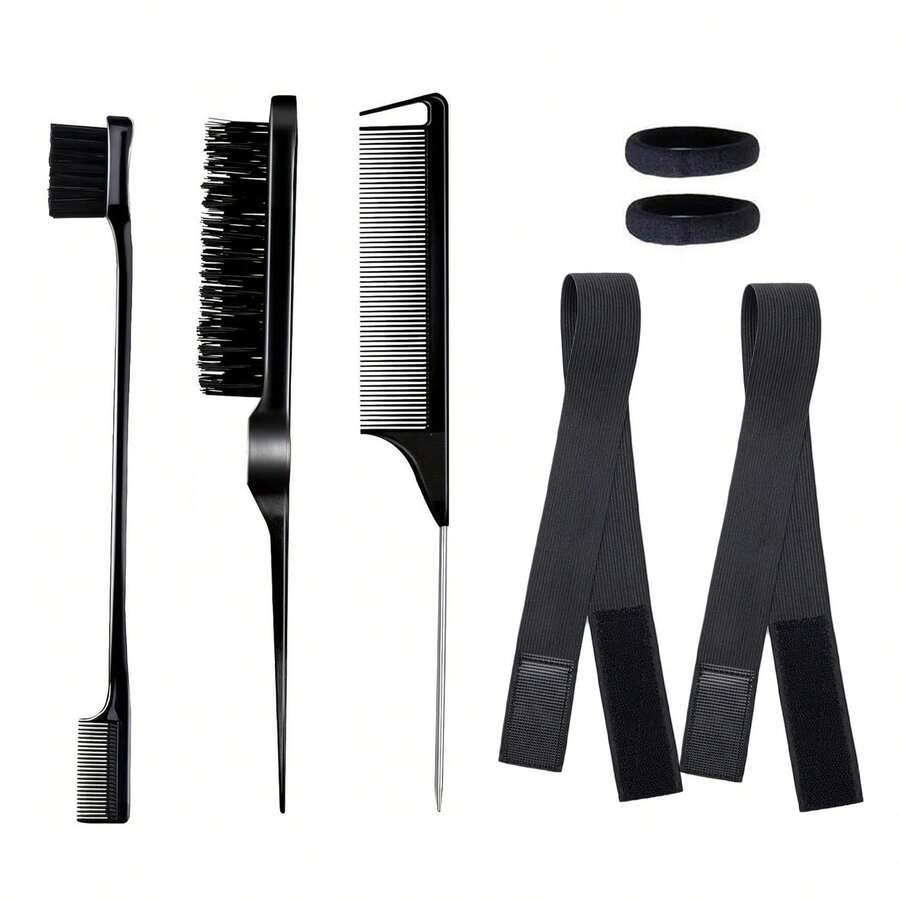 尼龙发梳套装，包含细节梳、刘海梳、造型梳和发带，完美适用于盘发、马尾辫、控制碎发、分缝、倒梳和日常沙龙造型。 - 黑色 - 查看 1