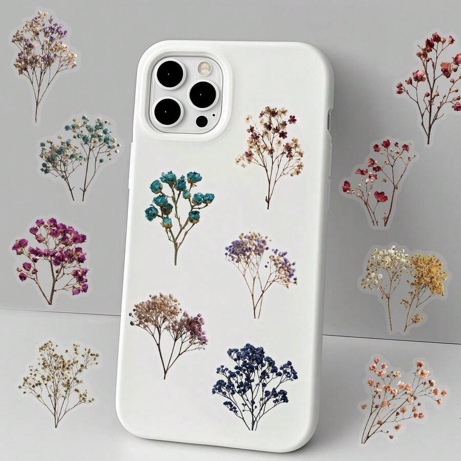 50pcs Vintage Dried Flower & Baby's Breath Stickers, Decorative For Phone Case, Fridge, Planner, Guitar, Luggage, Helmet, Skateboard, Laptop, Scrapbooking Scrapbook Supplies - Vintage Dried Flower Baby's Breath - View 1