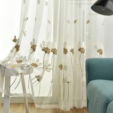 1 pieza Cortina transparente de lujo con ojales, diseño bordado de margaritas beige para sala de estar, dormitorio, balcón, permite la penetración de la luz - Multicolor - Ver 10