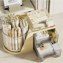 2-Drawer Rotating Desktop Organizer, Pen Holder, Desktop Organizer And Storage Rack With 4 Compartments + Drawers, For Office, Home, And Art Supplies - Multicolor - View 5