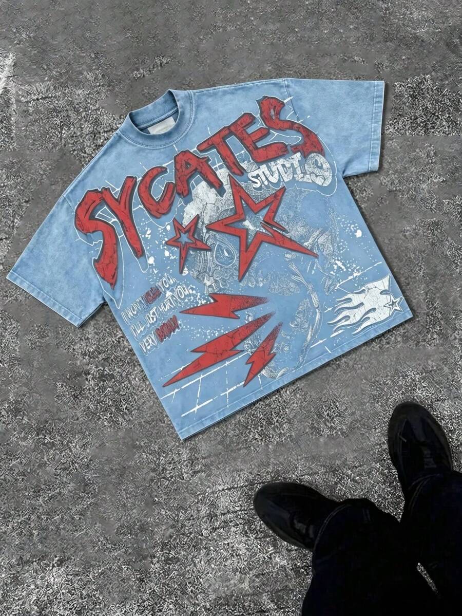 Grunge Revival Essential - Contrast Red/White Graphics With Edgy GAGADO Detail | 100% Cotton2026 - Sky Blue - View 1