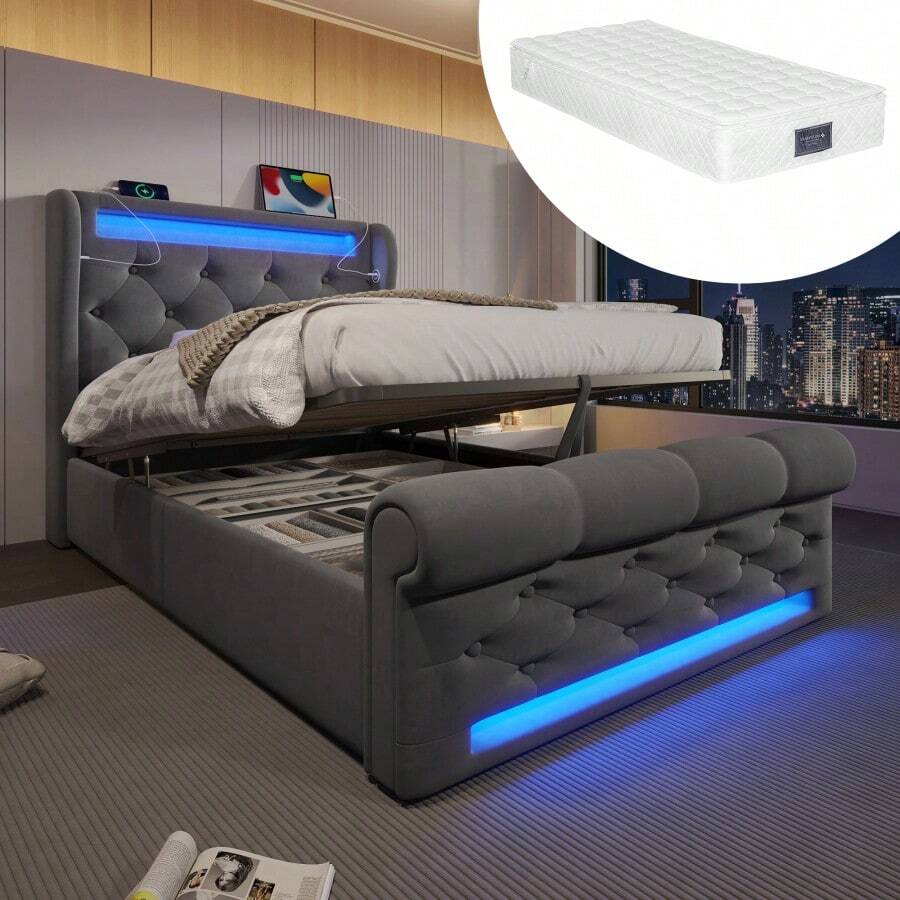 Cadres de lit - Gris + Velours + 90 cm x 200 cm + Matelas 1 - Voir 1