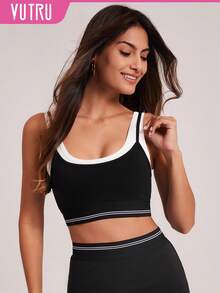 VUTRU 2-In-1 Contrast Color Sports Bra With Pads, Fitness Yoga Tank Top - Black and White - View 1