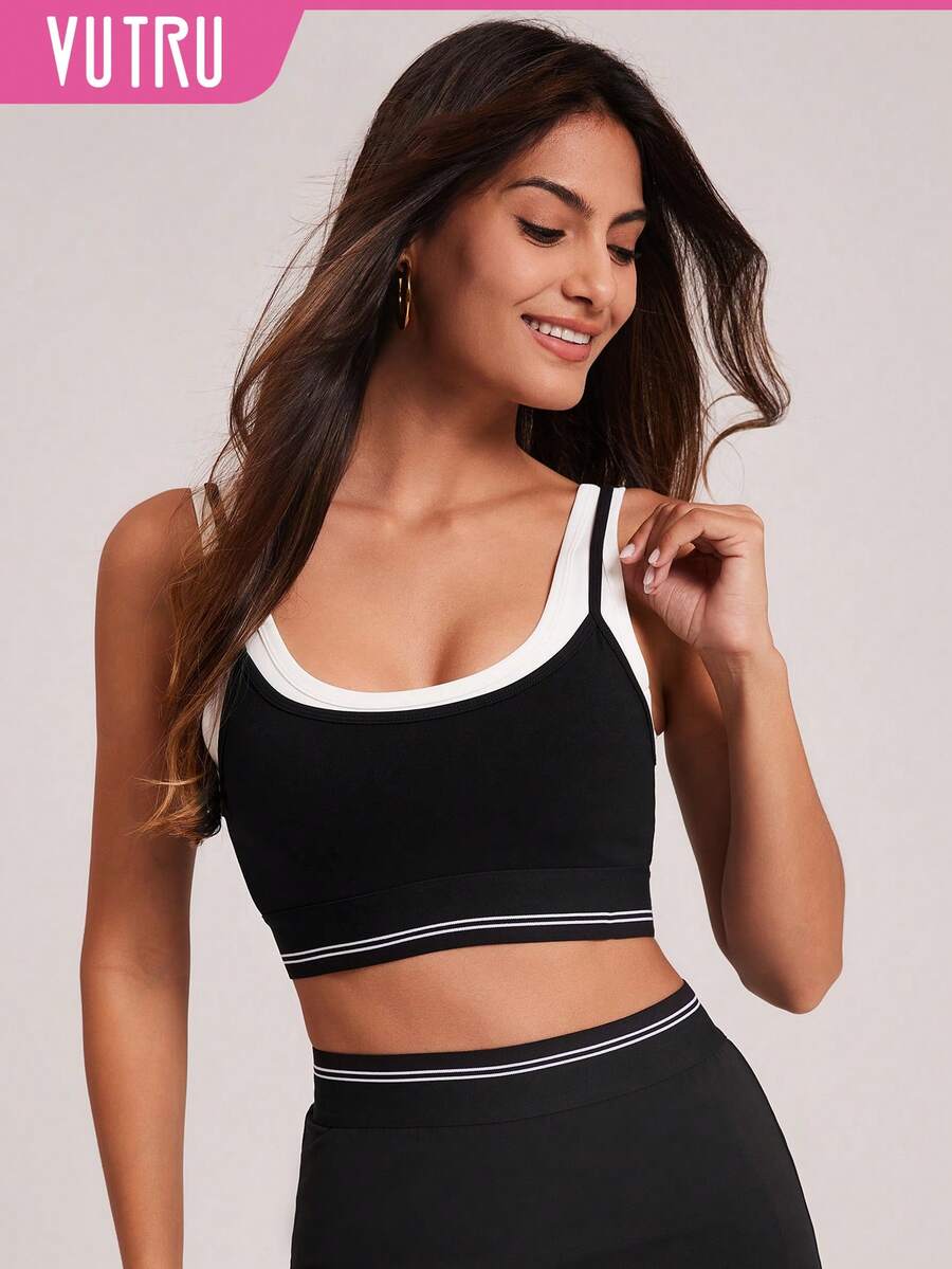 VUTRU 2-In-1 Contrast Color Sports Bra With Pads, Fitness Yoga Tank Top - Black and White - View 1