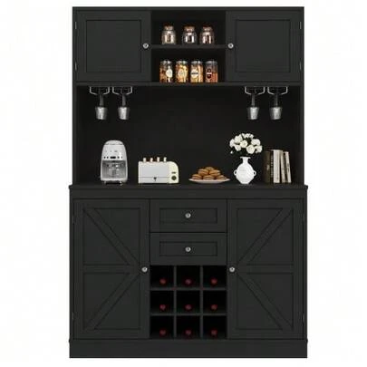 Kitchen Cabinet With Adjustable Shelves And Wine Rack, Tall Kitchen Sideboard With 4 Doors And 2 Drawers, Sideboard For Kitchen And Living Room, Buffet Cabinet, Black
