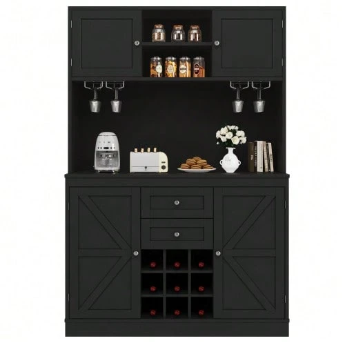 Kitchen Cabinet With Adjustable Shelves And Wine Rack, Tall Kitchen Sideboard With 4 Doors And 2 Drawers, Sideboard For Kitchen And Living Room, Buffet Cabinet, Black - Black - View 1