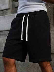 Men's Casual Drawstring Waist Knit Shorts, Suitable As Father's Day Gift, Available In Multiple Colors, Lightweight And Breathable Summer Shorts - Black - View 3