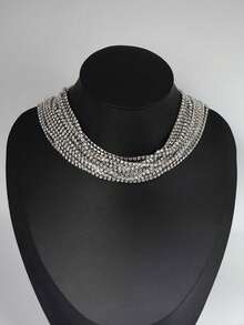 1pc Luxury Elegant Short Crystal Necklace, Inlaid With Sparkling Rhinestones, Multilayer Crystal Necklace, Women's Rhinestone Necklace, Unique Jewelry, Wedding Party Gift, Super Shiny Claw Chain Multilayer Glass Diamond Necklace, Exaggerated European And American Accessory, Women's Banquet Fashion Accessory - Silver - View 18