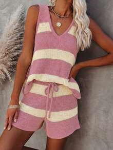 Conjunto de punto de chaleco y pantalones cortos a rayas de contraste de cuello en V, estilo elegante y relajado, adecuado para el uso diario, vacaciones, salidas a la playa en verano - Rosa - Ver 3