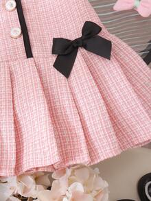 1 pieza Vestido de niña bebé dulce con contraste de color, cuello redondo, lazo, botones y manga corta para primavera y verano - Rosa - Ver 4