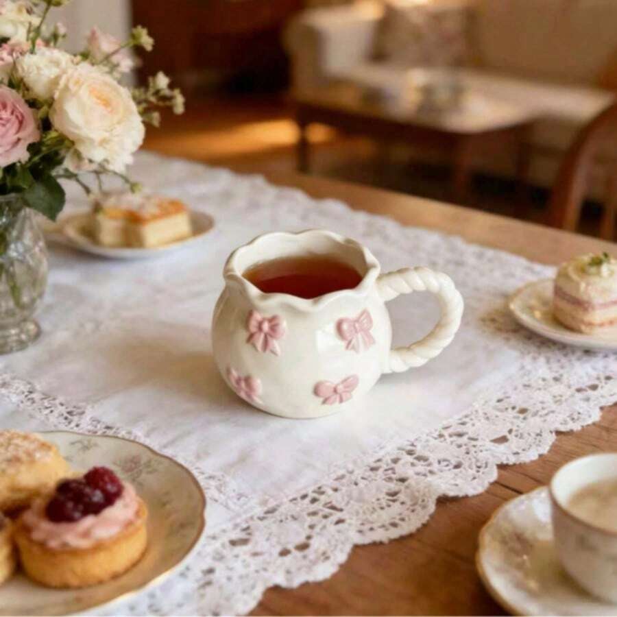 Girlish Handmade Bowknot Coffee Mug, Ceramic Cup For Afternoon Tea, Cute Mug