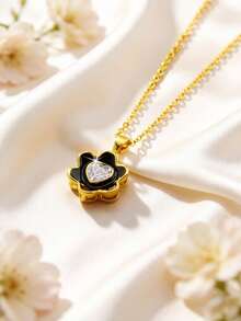 1 件时尚独特花卉滴油心形方晶锆石吊坠项链，女士婚礼、订婚、情人节礼物 - 金黃色 - 查看 2