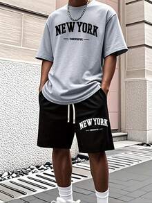 Men'S New York Casual Short Sleeve Black With White Lettering Casual Style| Comfortable Fit, PLUS SIZE  Men's Casual Outfit, Cotton Sportswear Set - 淺灰色 - 查看 7