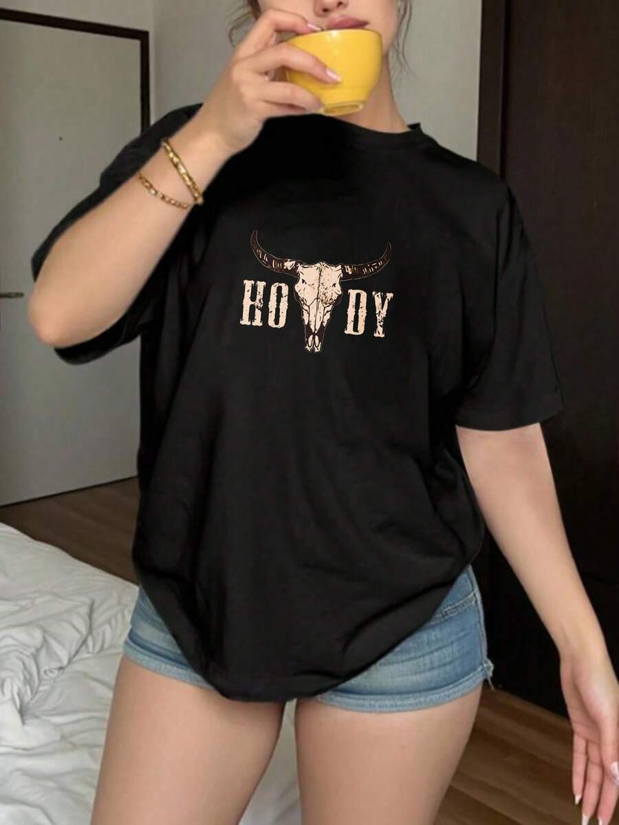 1pc Women's T-Shirt, Short Sleeve T-Shirt With Bull Skull Print And HOLIDAY Text For Casual Use, Graphic Tees, Vintage T-Shirts, 180g 100% Cotton (PP-3XL) - 黑色 - 查看 1