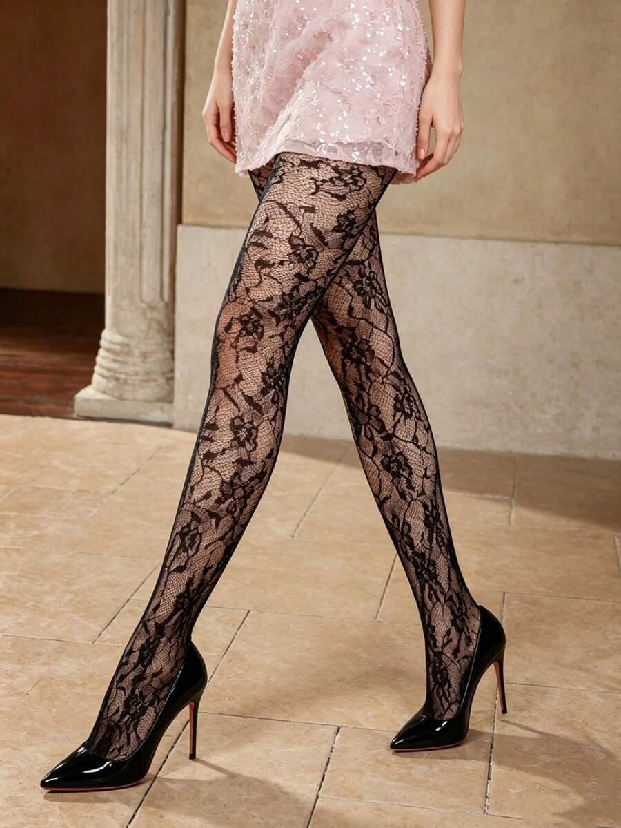 1 Pair Black Floral Jacquard Sexy Unique Patterned Mesh Stockings, Suitable For Daily Wear - Multicolor - View 1