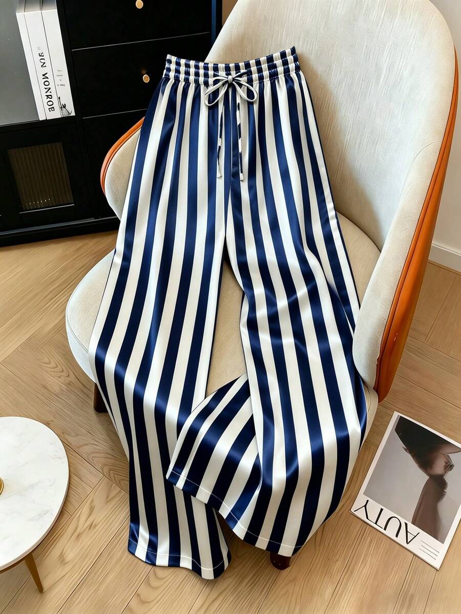 Quần dài cạp chun bằng vải satin bóng, sọc xanh trắng, thích hợp mặc đi biển, nghỉ mát, đi chơi, đi học, dự tiệc, mùa xuân/hè. - Xanh và trắng - Xem 1