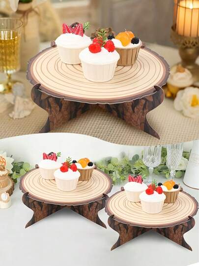 1 Set Paper Wood Design Cake Stand (Non-Food Contact), Afternoon Tea Cupcake Display Rack, Green Forest Theme Party Cake Stand, Birthday Party Tabletop Dessert Food Display, Wedding Party Tabletop Decor, Baby Shower Holiday Party Cupcake Display Stand
