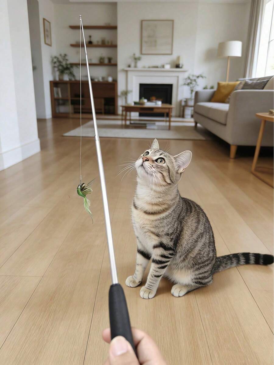 1个装绿色小鸟互动猫玩具,耐用塑料猫羽毛逗猫棒,适合室内猫,有助于缓解无聊和锻炼身体。 - 彩色 - 查看 1
