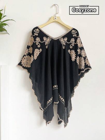 1pc Elegant Paisley Embroidered V-Neck Poncho, Bohemian Style Kimono/Sarong, Spring/Summer Beach Cover-Up, Lightweight Luxury Embroidered Pullover, Versatile Daily Wear & Gift