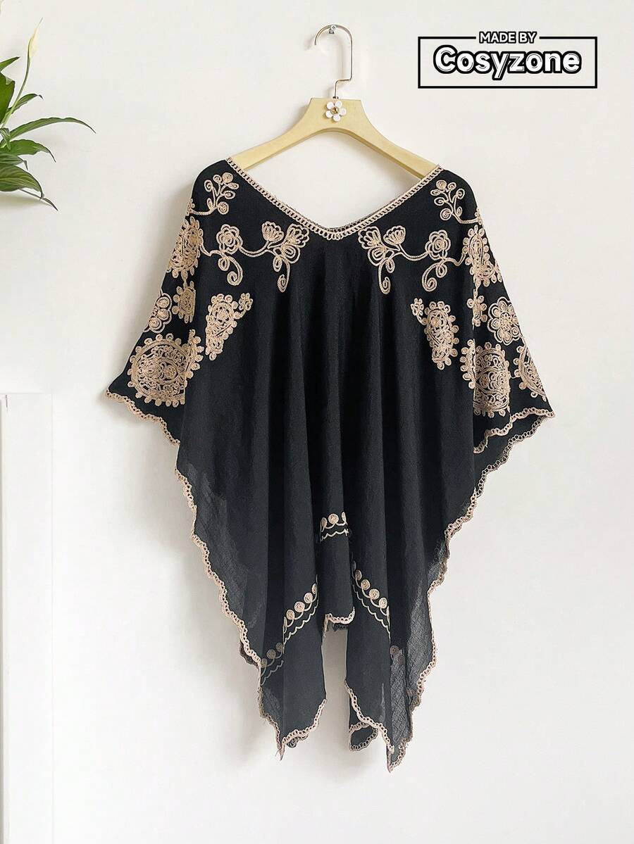 一件优雅佩斯利刺绣V领斗篷，波西米亚风和服/纱笼，春夏沙滩罩衫，轻盈奢华刺绣套头衫，百搭日常穿着及礼品 - 黑色 - 查看 1