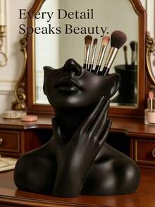 1个创意手持式化妆刷收纳架，可存放化妆工具和干花，适用于梳妆台、浴室、卧室装饰，现代简约奢华风格笔筒兼花瓶，是送给女性、乔迁新居、生日的绝佳礼物 - 黑色 - 查看 2